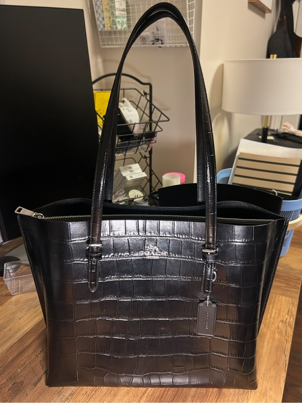 COACH Mollie Tote Bag- Black Croc-Embossed Leather - Picture 4 of 13